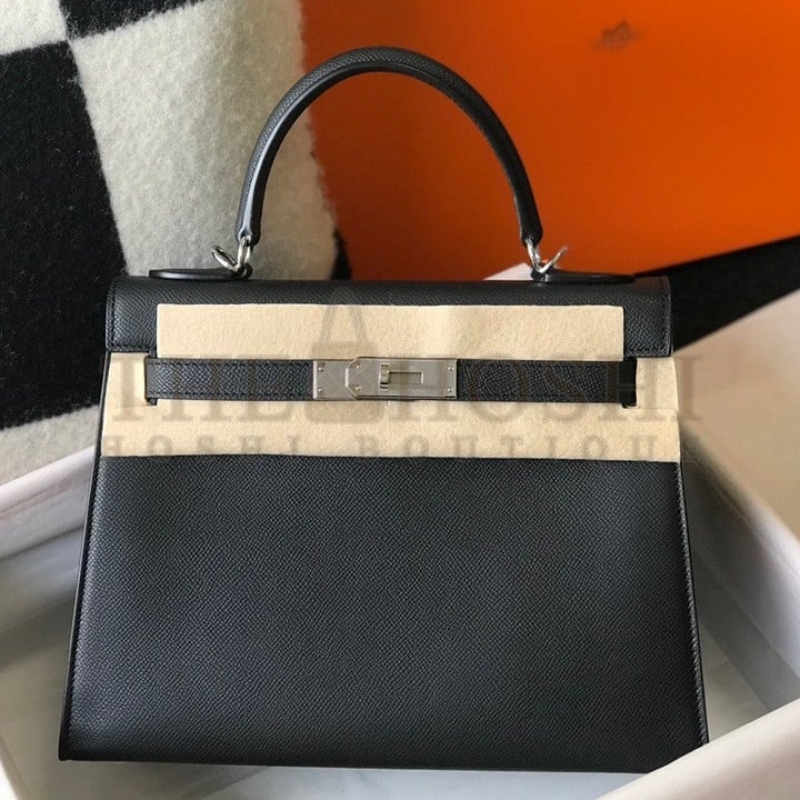 H**me5 Kelly 25cm Sellier Bag in Black Epsom Calfskin PHW Master Quality