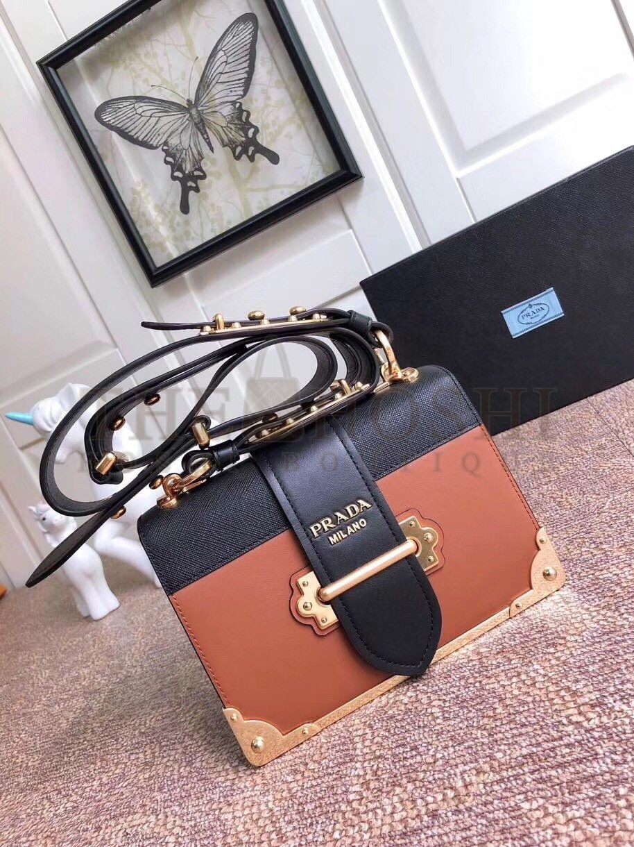 Pra*a Cahier Shoulder Bag In Brown/Black Leather Master Quality
