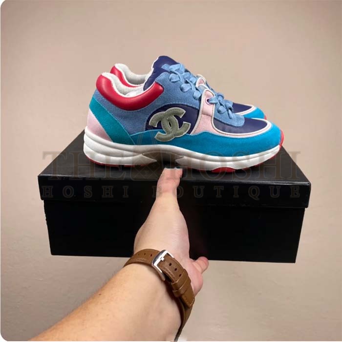 Ch**el Women CC Low Top Logo Sneakers Calfskin Suede Blue Leather Master Quality
