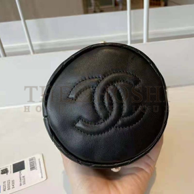 Ch**el Women Mini Drawstring Bag Lambskin Imitation Pearls & Gold-Tone Metal Black Master Quality