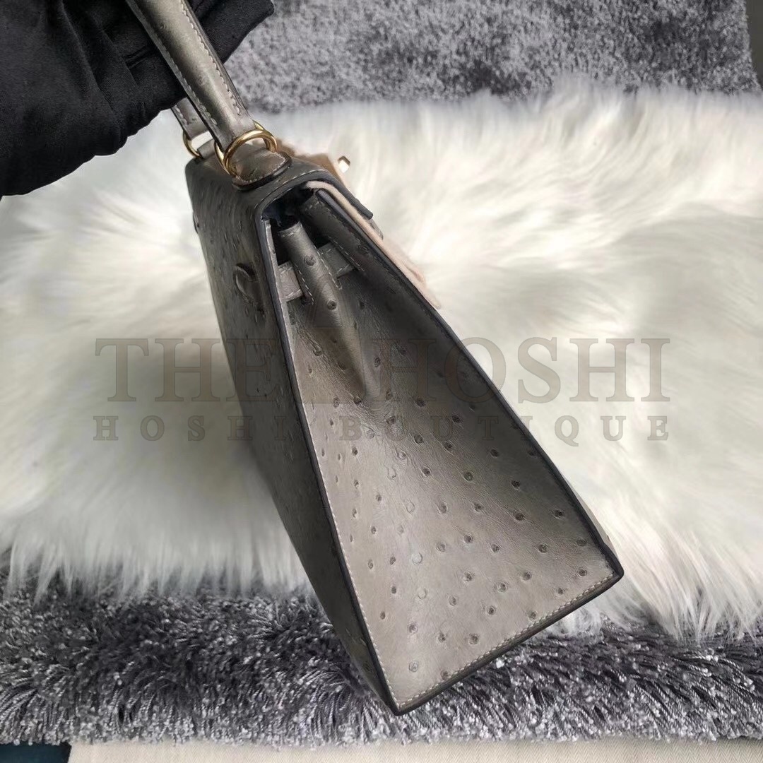 H**me5 Gris Asphalt Ostrich Kelly 25cm Handmade Bag Master Quality
