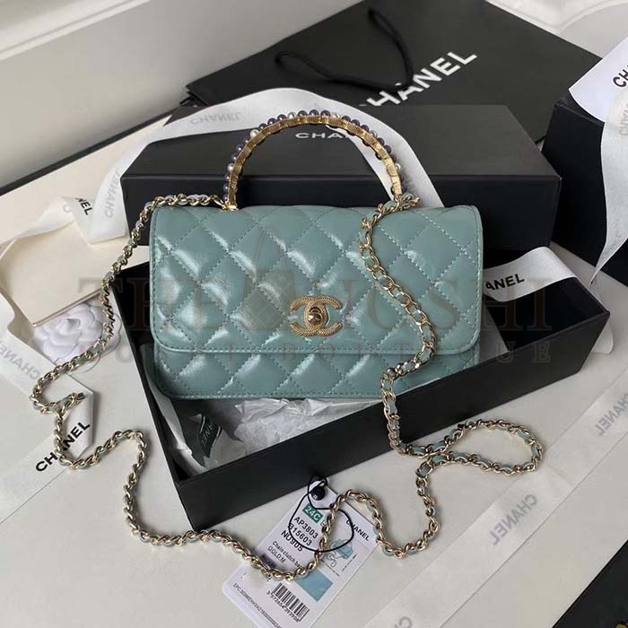 Ch**el Women CC Small Flap Bag Top Handle Pearly Lambskin Light Green Master Quality