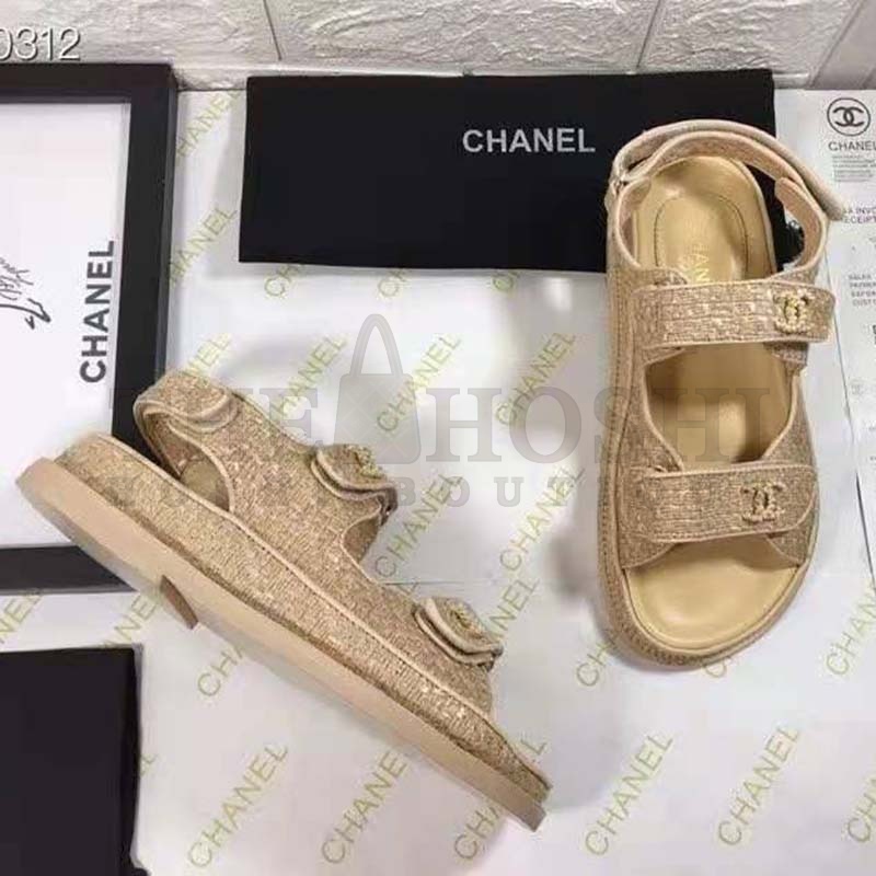 Ch**el Women Sandals Braided Fabric Beige 1 cm Heel Master Quality