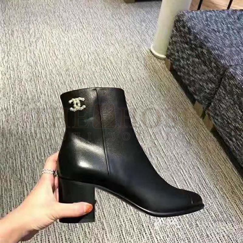 Ch**el Women Ankle Boots Calfskin Black 6.5 cm 2.6 in Heel Master Quality