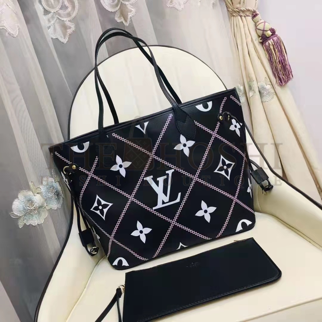 L0vis Vvtt0n LV Women Neverfull MM Tote Black Pink Grained Cowhide Leather Master Quality