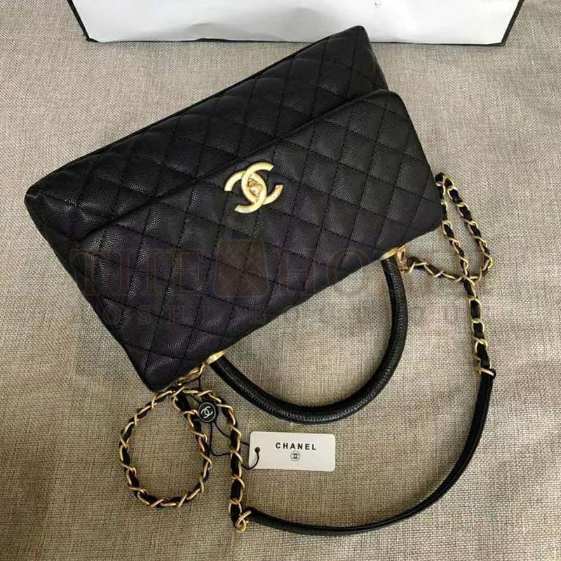 Ch**el Women Flap Bag with Top Handle in Grained Calfskin-Black Master Quality