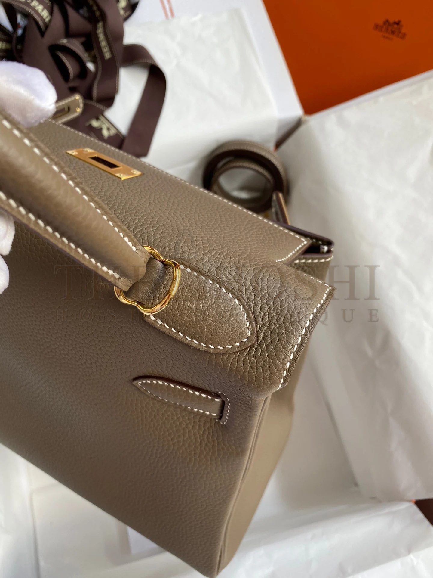 H**me5 Kelly Retourne 28 Handmade Bag In Taupe Clemence Leather Master Quality