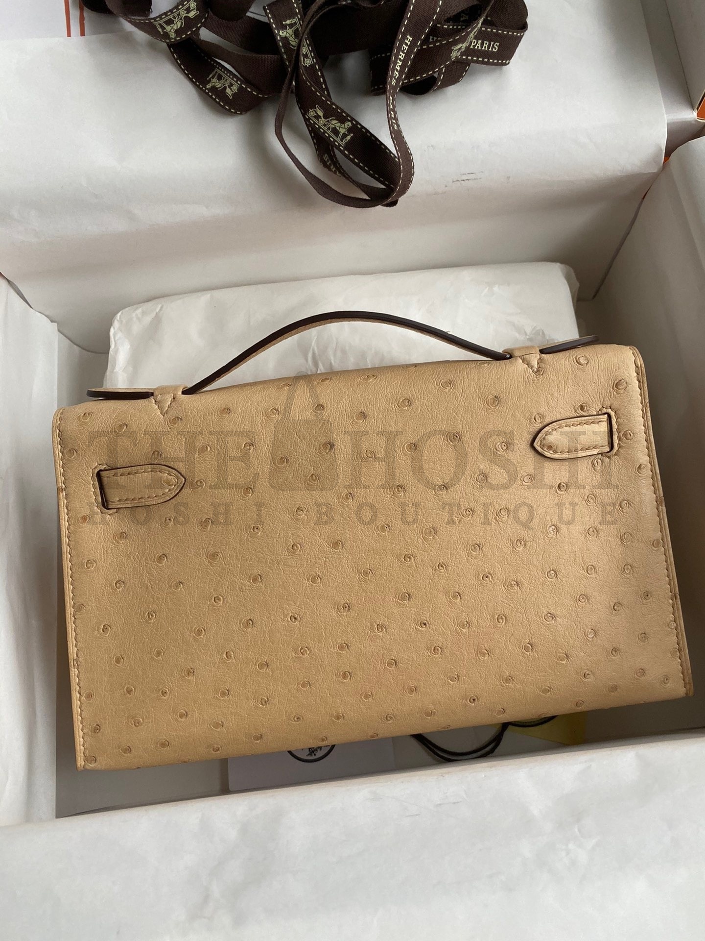 H**me5 Kelly Pochette Handmade Bag In Chai Ostrich Leather Master Quality