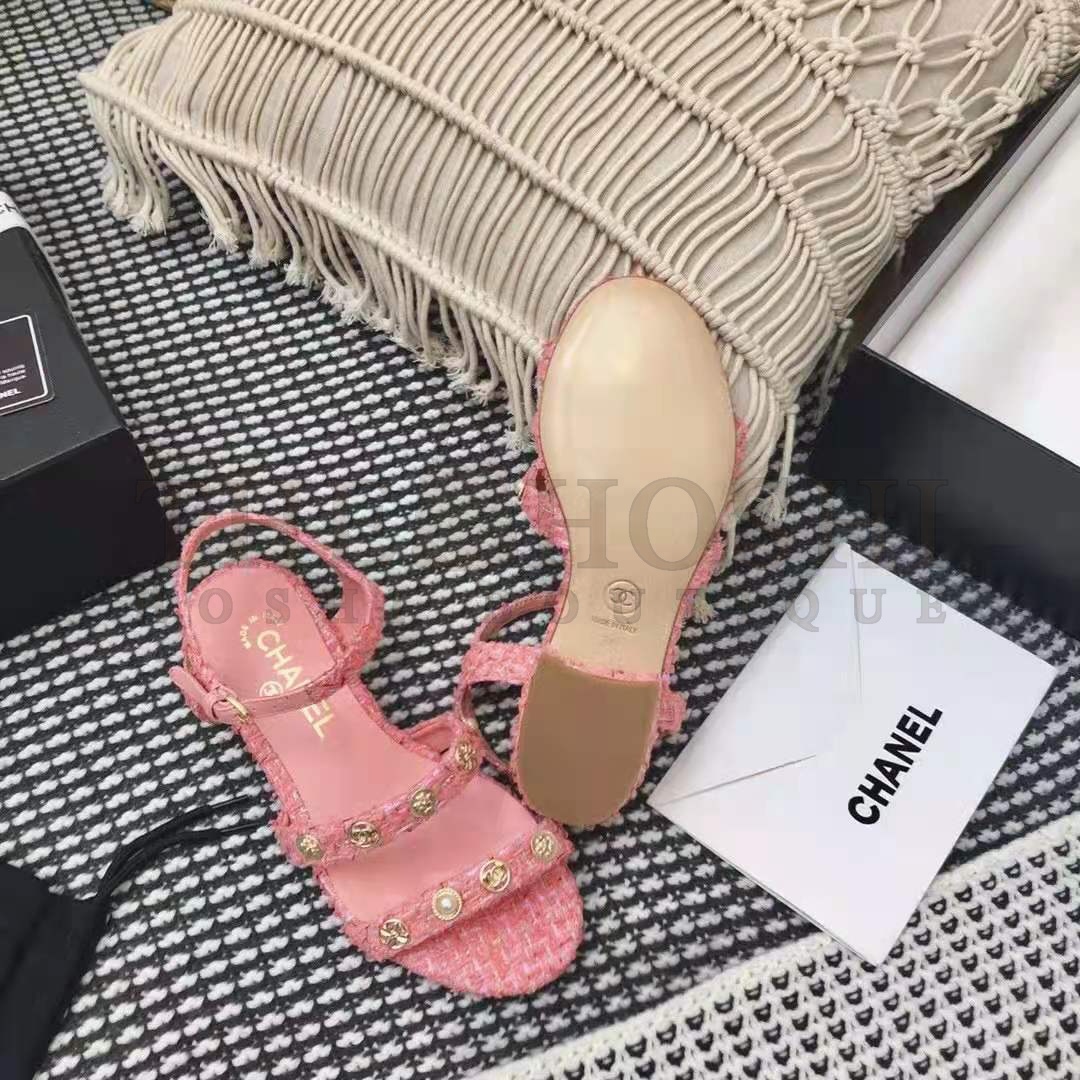 Ch**el Women Sandals Cotton Tweed & Jewelry Coral & Pink 2.5 cm Heel Master Quality
