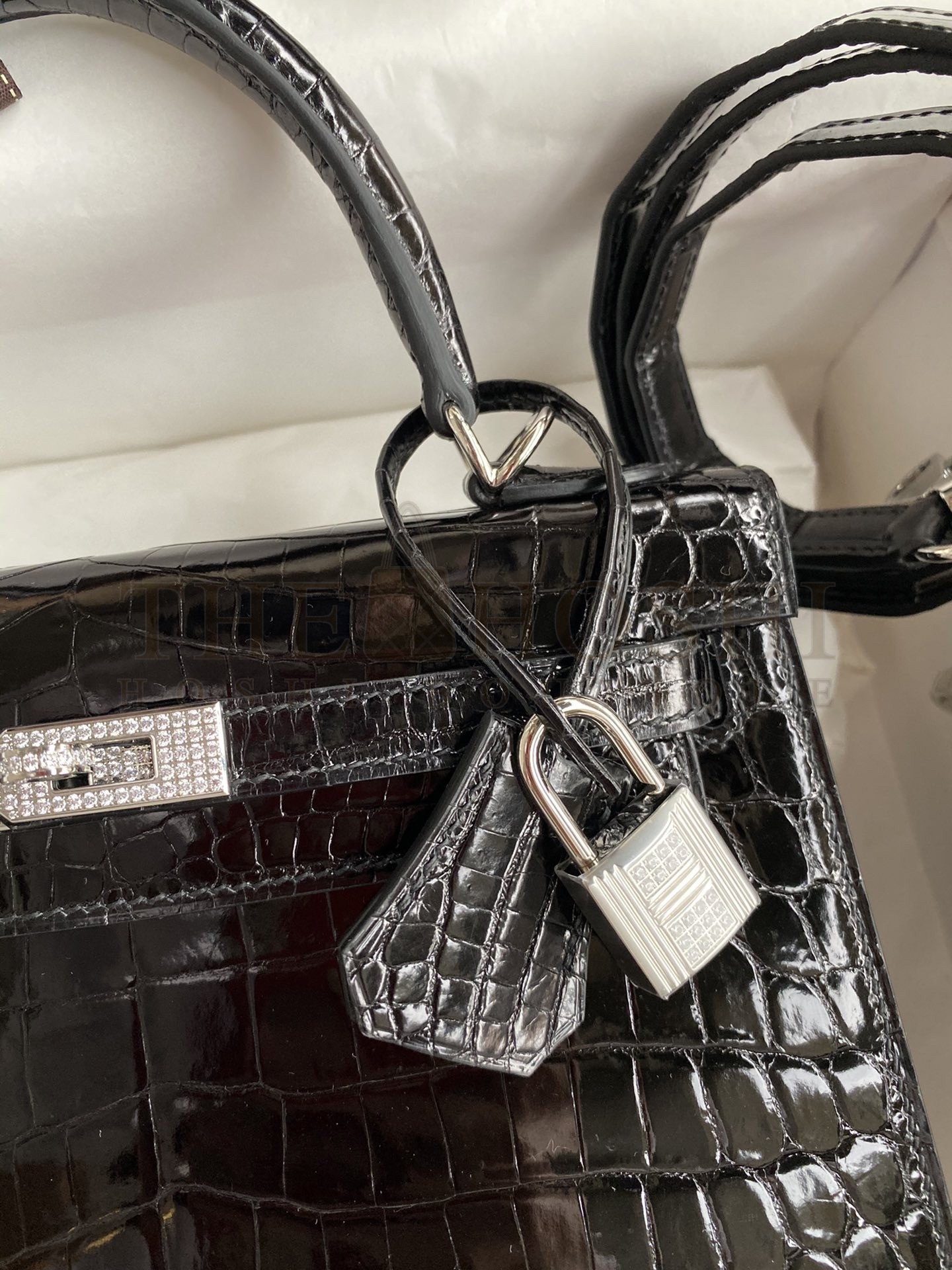 H**me5 Kelly Sellier 25 D1am0nd Bag In Black Crocodile Niloticus Shiny Skin Master Quality
