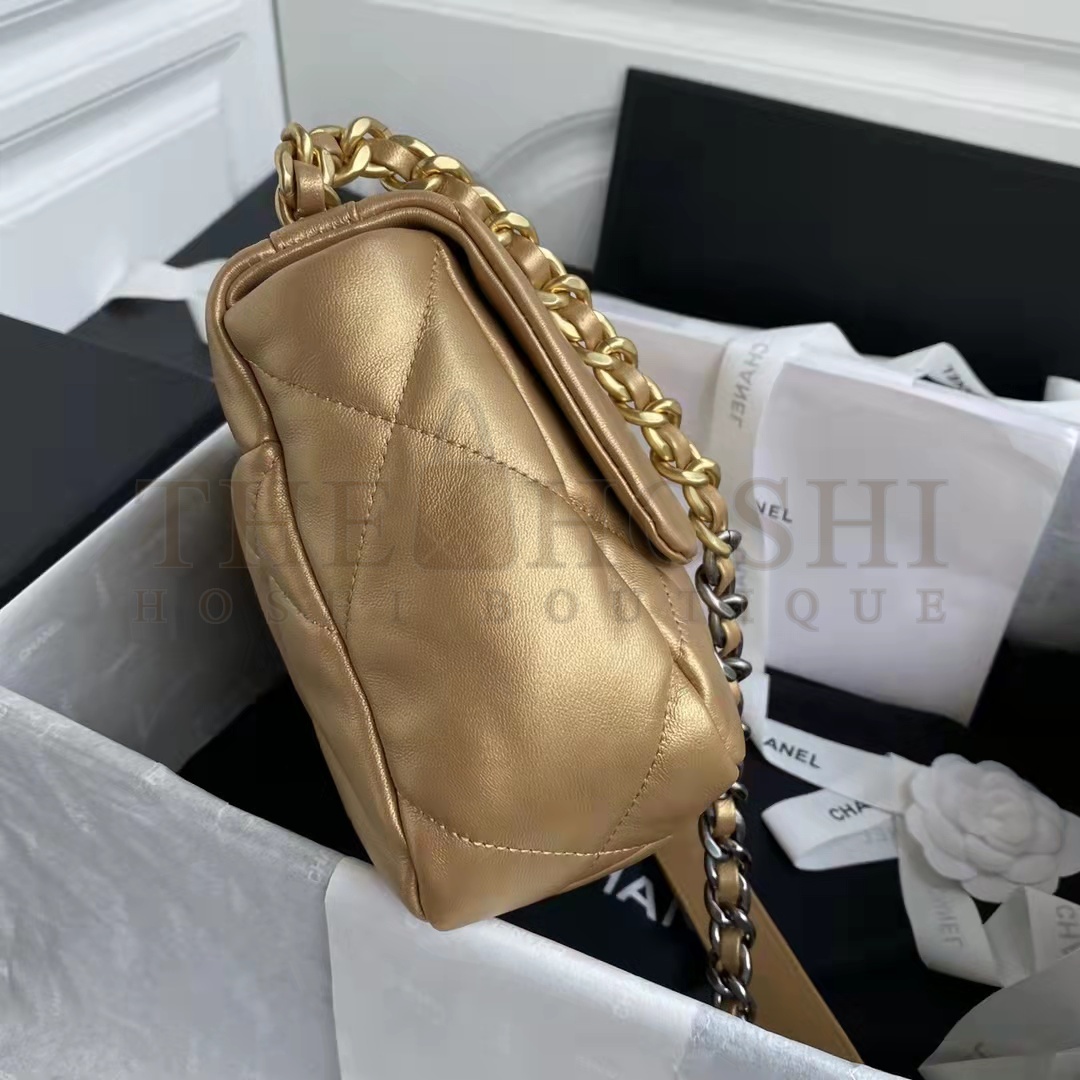 Ch**el CC Women 19 Handbag Metallic Lambskin Gold Silver Tone Gold Bag Master Quality