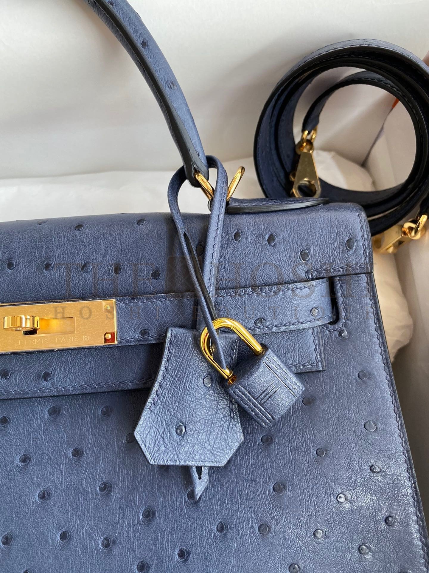 H**me5 Kelly Sellier 28 Handmade Bag In Blue Iris Ostrich Leather Master Quality