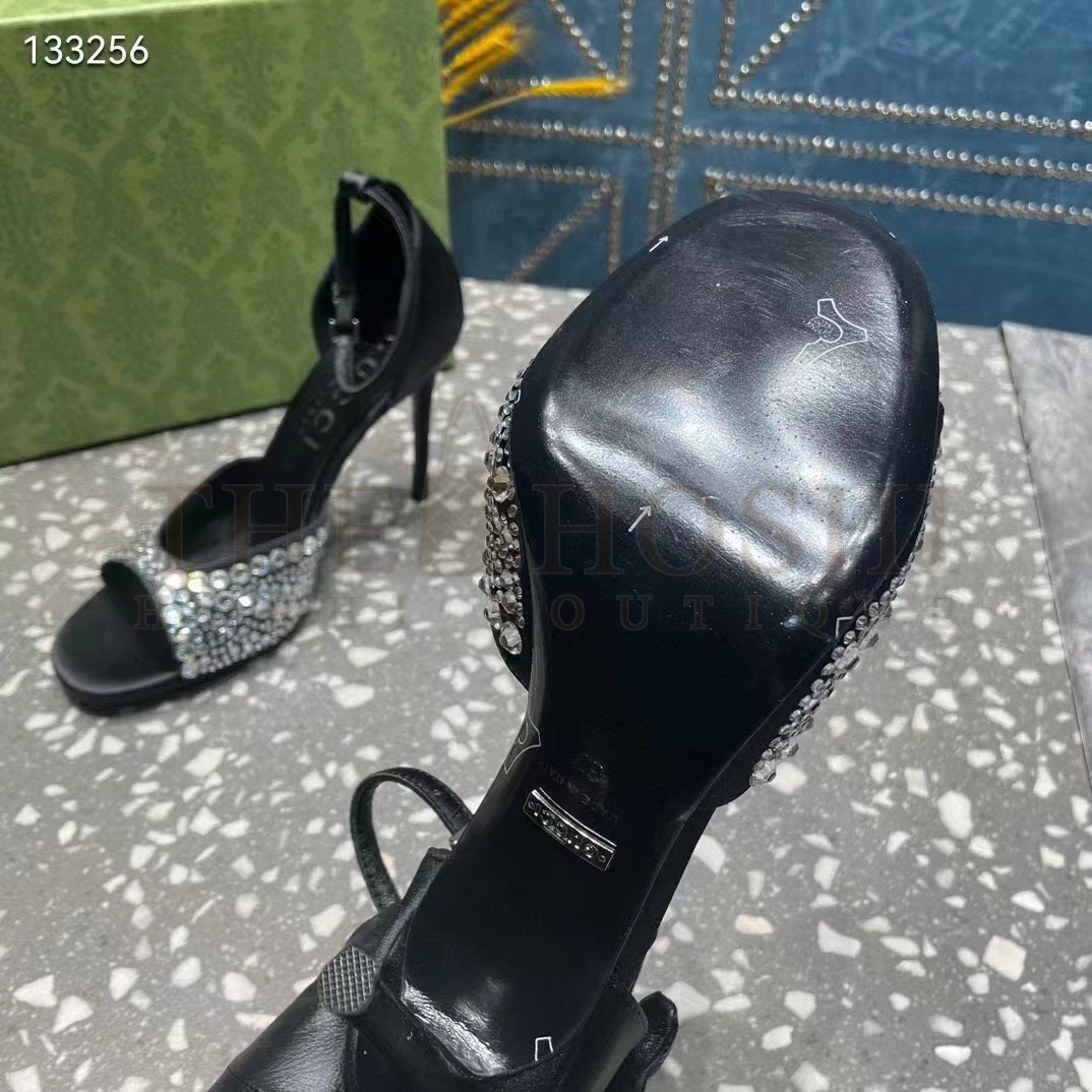 Gvc*1 Women G2 Mid-Heel Sandals Crystals Black Satin 11 CM Heel Double G Master Quality