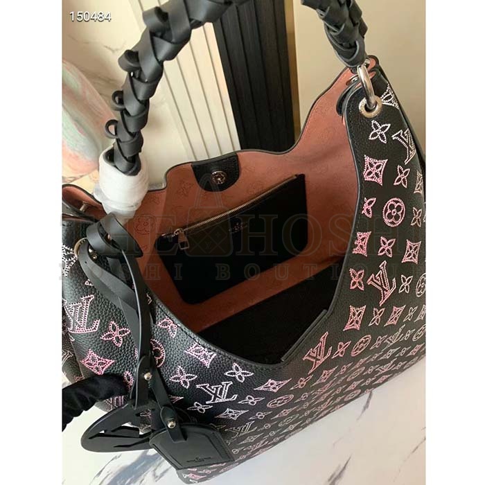 L0vis Vvtt0n LV Women Carmel Hobo Bag Black Perforated Mahina Calf Leather Master Quality