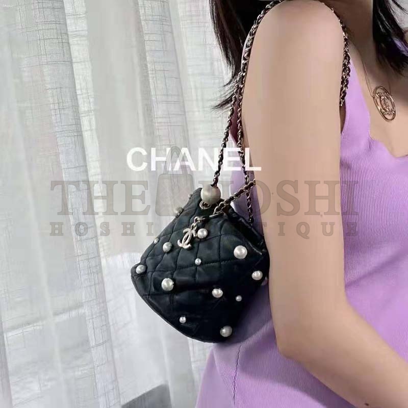 Ch**el Women Mini Drawstring Bag Lambskin Imitation Pearls & Gold-Tone Metal Black Master Quality