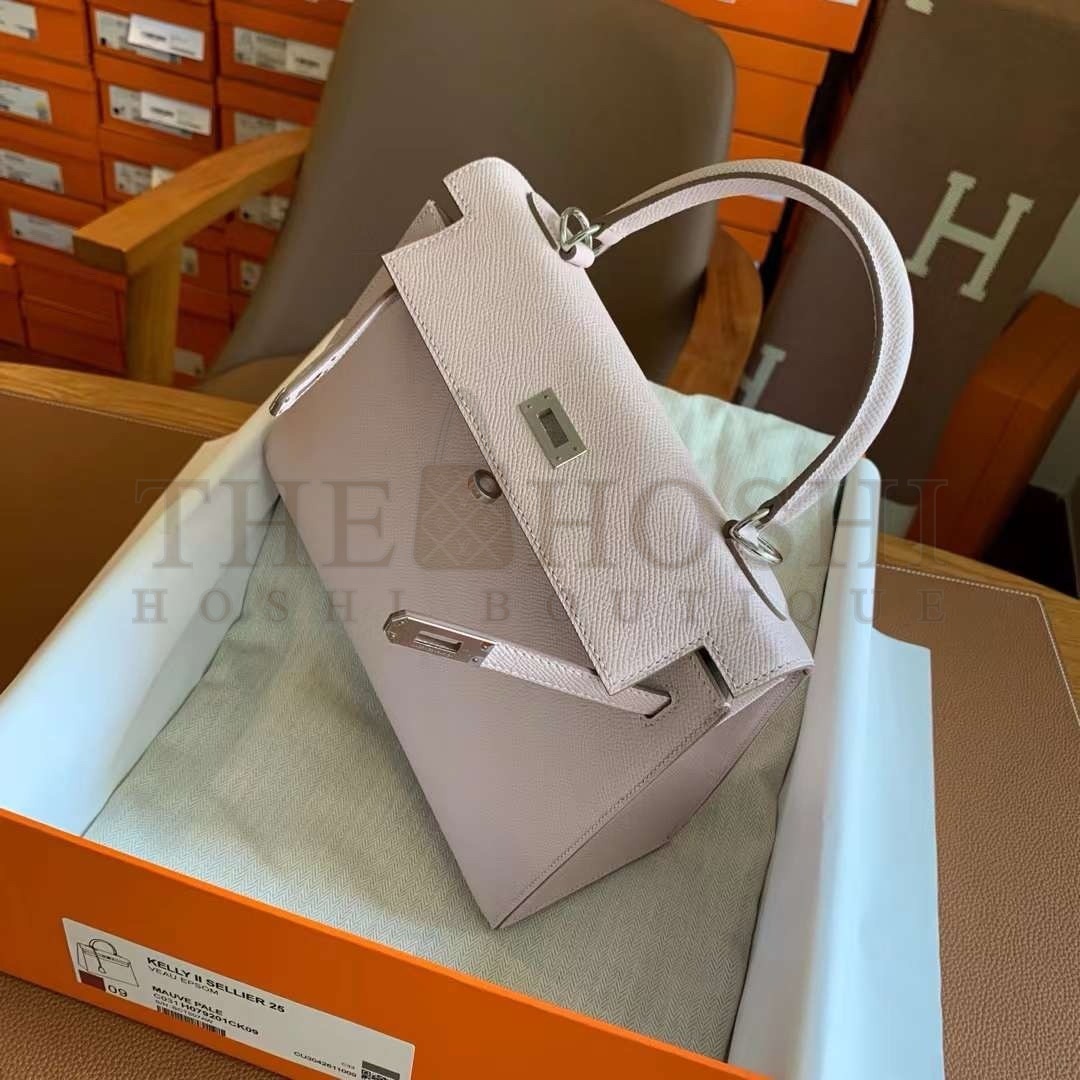 H**me5 Kelly Sellier 25 Handmade Bag In Mauve Pale Epsom Calfskin Master Quality