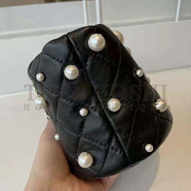 Ch**el Women Mini Drawstring Bag Lambskin Imitation Pearls & Gold-Tone Metal Black Master Quality