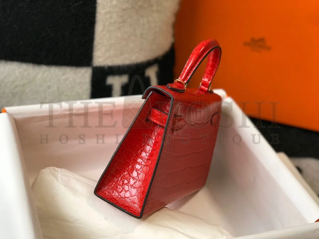 H**me5 Kelly Mini II Sellier Bag In Red Crocodile Embossed Leather Master Quality