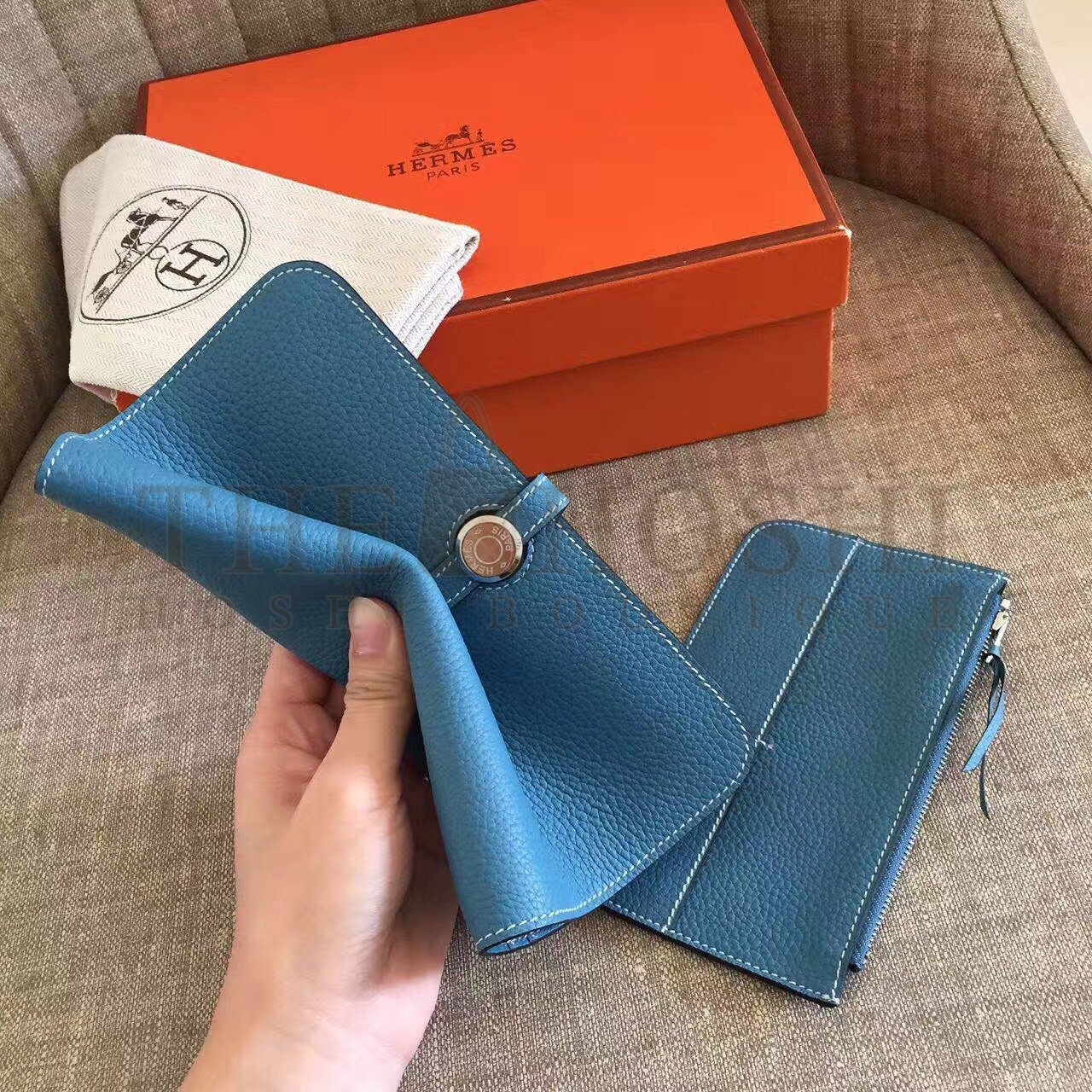 H**me5 Dogon Duo Wallet in Blue Jean Clemence Leather Master Quality