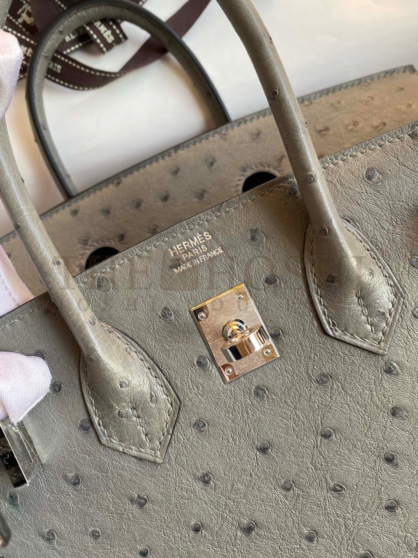 H**me5 Birkin 25 Retourne Handmade Bag In Gris Tourterelle Ostrich Leather Master Quality