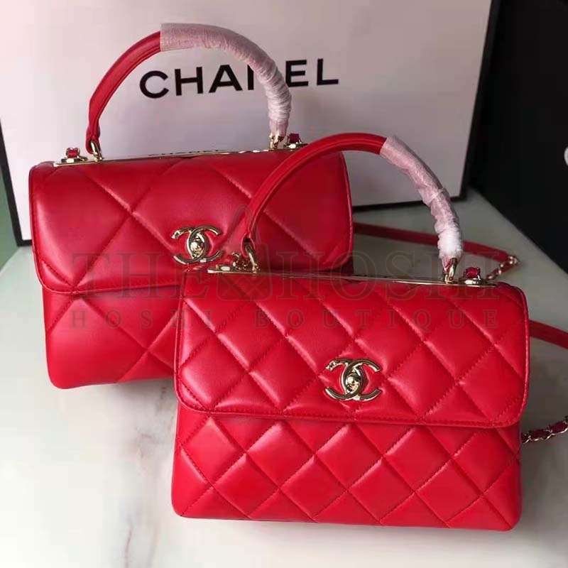 Ch**el Women Flap Bag Top Handle Smooth Calfskin Gold-Tone Metal Red Master Quality