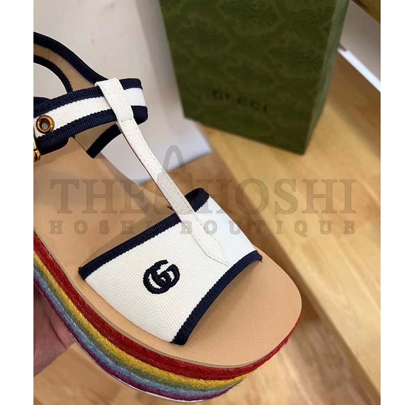 Gvc*1 Women G2 Platform Sandals White Cotton Double G Embroidery 7 Cm Heel Master Quality