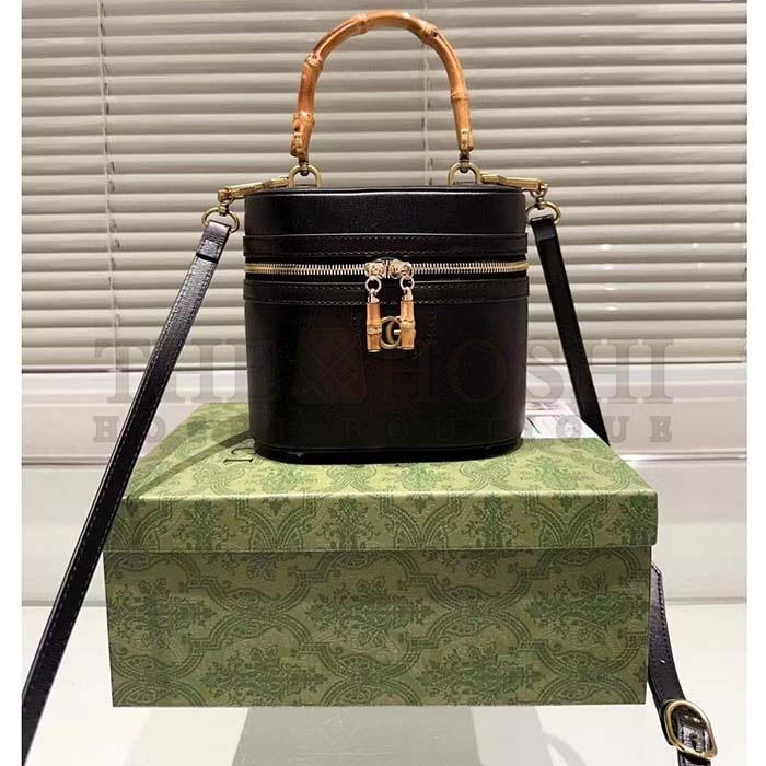 Gvc*1 Women GG Mini Bamboo Shoulder Bag Black Leather Bamboo Handle Double G Master Quality
