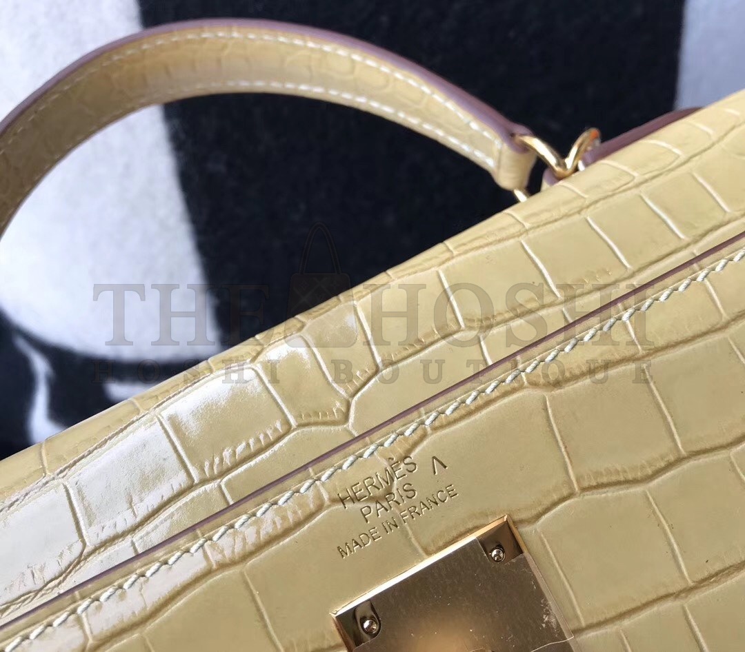 H**me5 Kelly 28cm Bag In Jaune Poussin Embossed Crocodile GHW Master Quality
