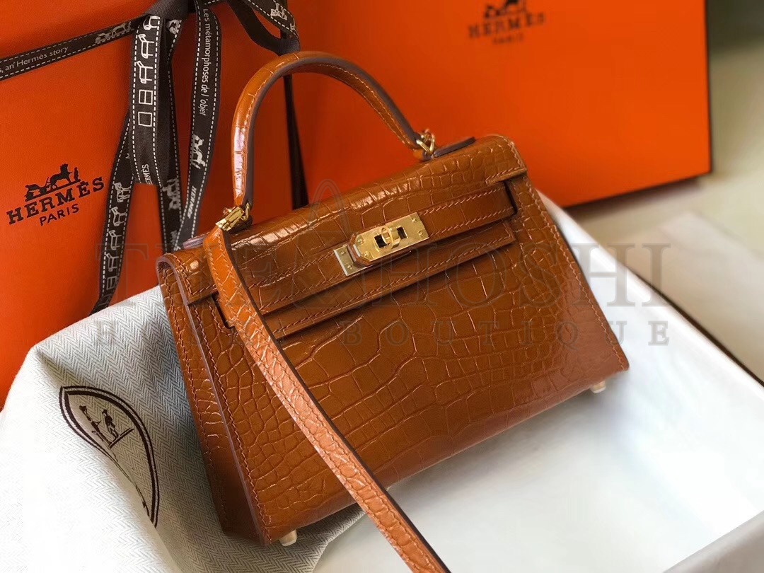 H**me5 Kelly Mini II Bag In Brown Crocodile Embossed Leather Master Quality