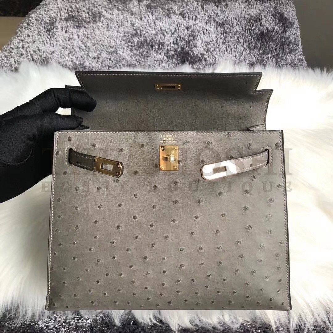 H**me5 Gris Asphalt Ostrich Kelly 25cm Handmade Bag Master Quality