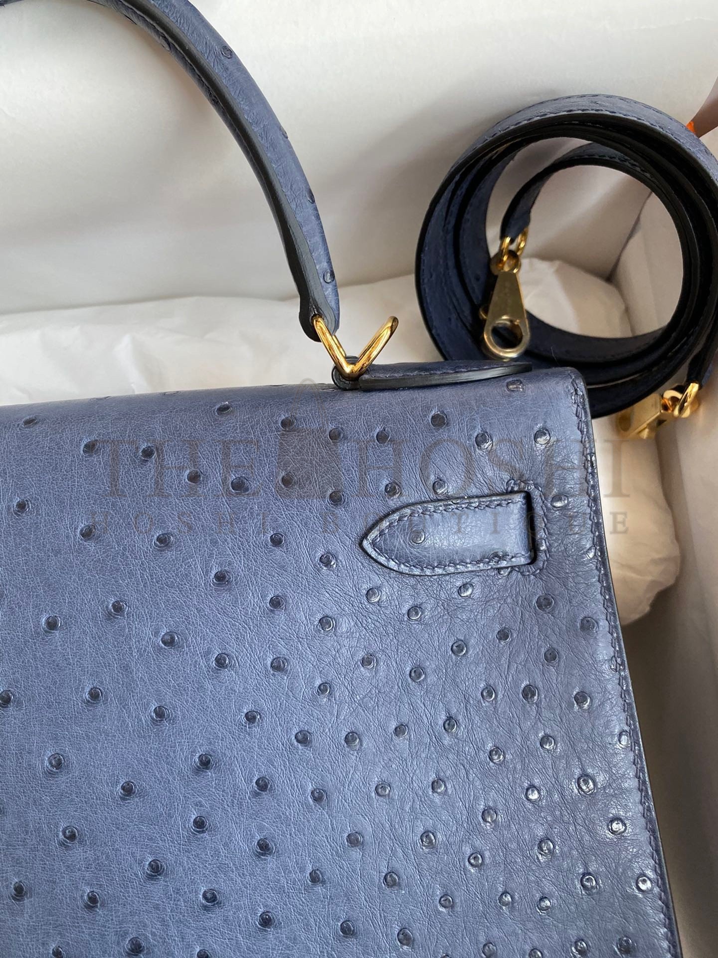 H**me5 Kelly Sellier 28 Handmade Bag In Blue Iris Ostrich Leather Master Quality