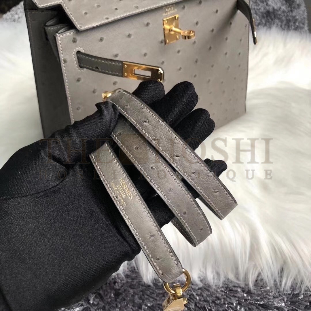 H**me5 Gris Asphalt Ostrich Kelly 25cm Handmade Bag Master Quality