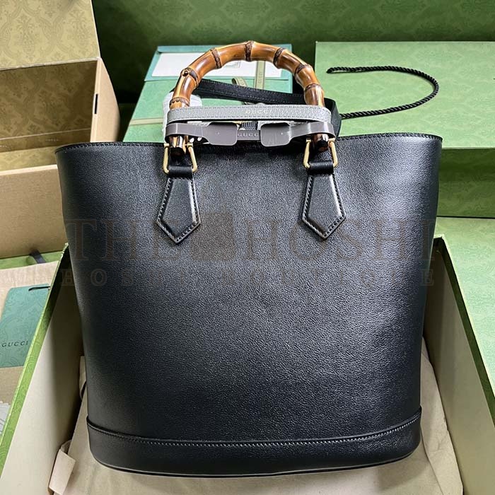Gvc*1 Women Diana Medium Tote Bag Double G Black Leather Bamboo Handles Master Quality