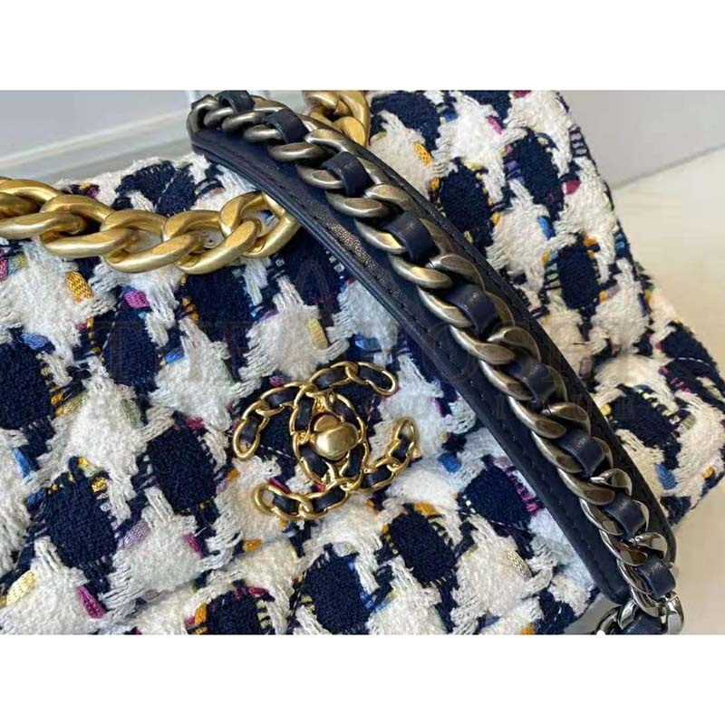 Ch**el Women 19 Flap Bag Tweed Gold Silver-Tone Ruthenium-Finish Metal Ecru Navy Blue Multicolor Master Quality