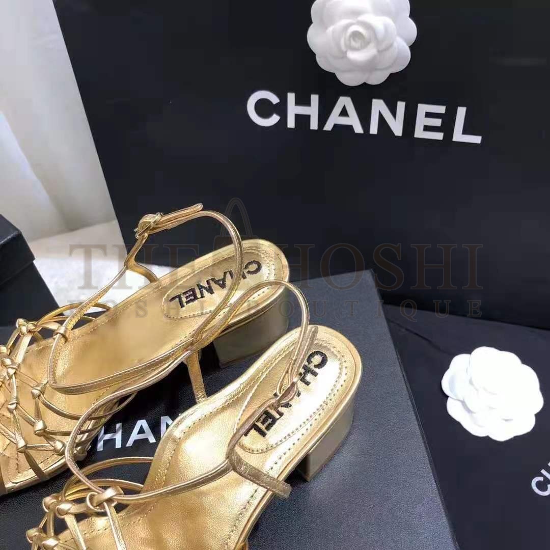 Ch**el Women Sandals Laminated Lambskin Gold 5 cm Heel Master Quality