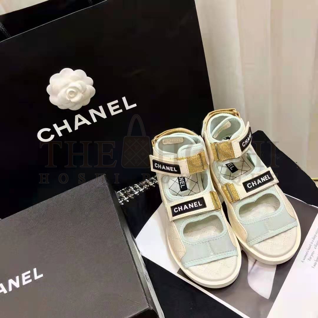Ch**el Women Sandals Goatskin Fabric &amp; TPU White Light Grey &amp; Navy Blue Master Quality