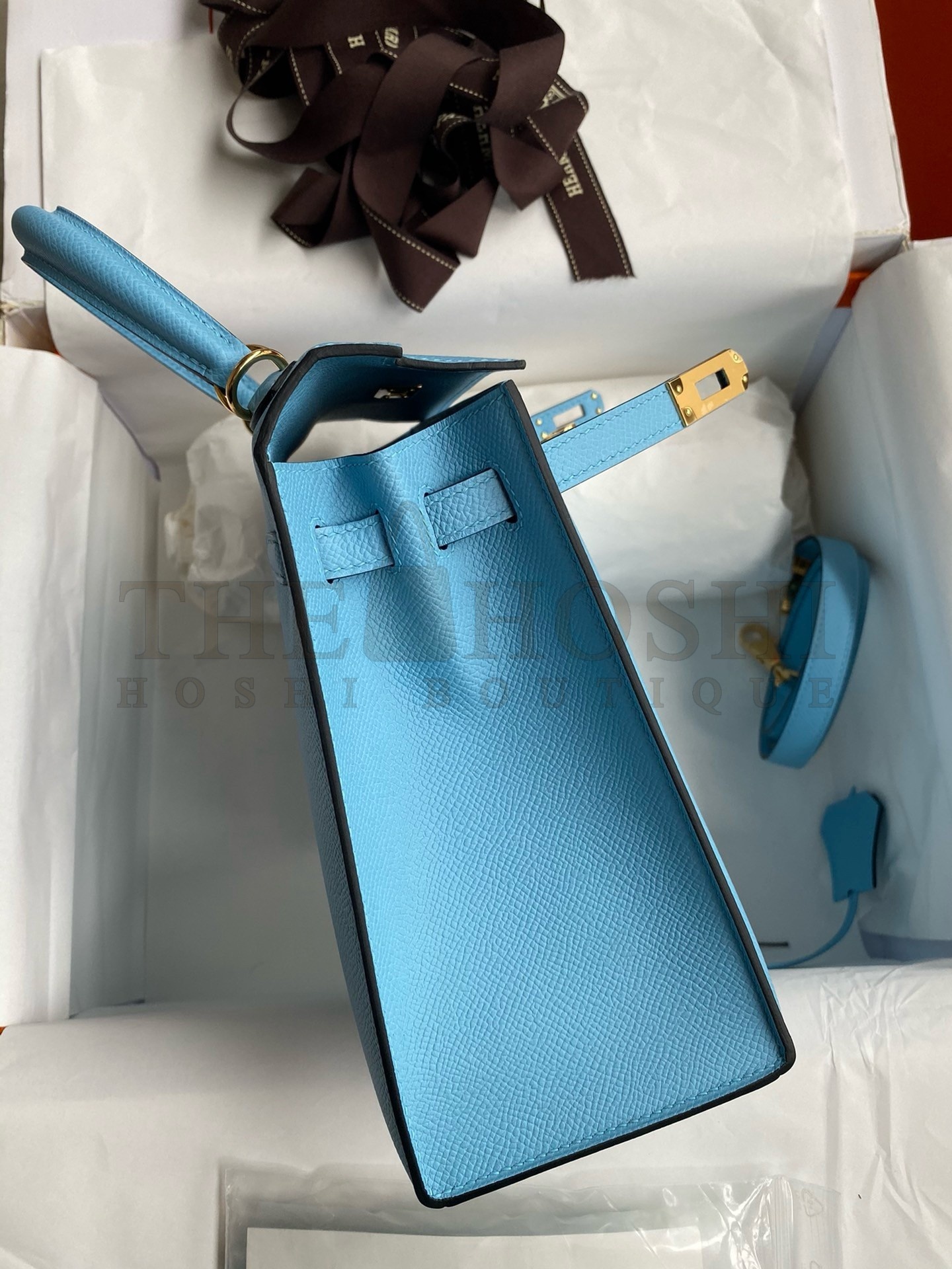 H**me5 Kelly Sellier 25 Handmade Bag In Blue Candy Epsom Calfskin Master Quality