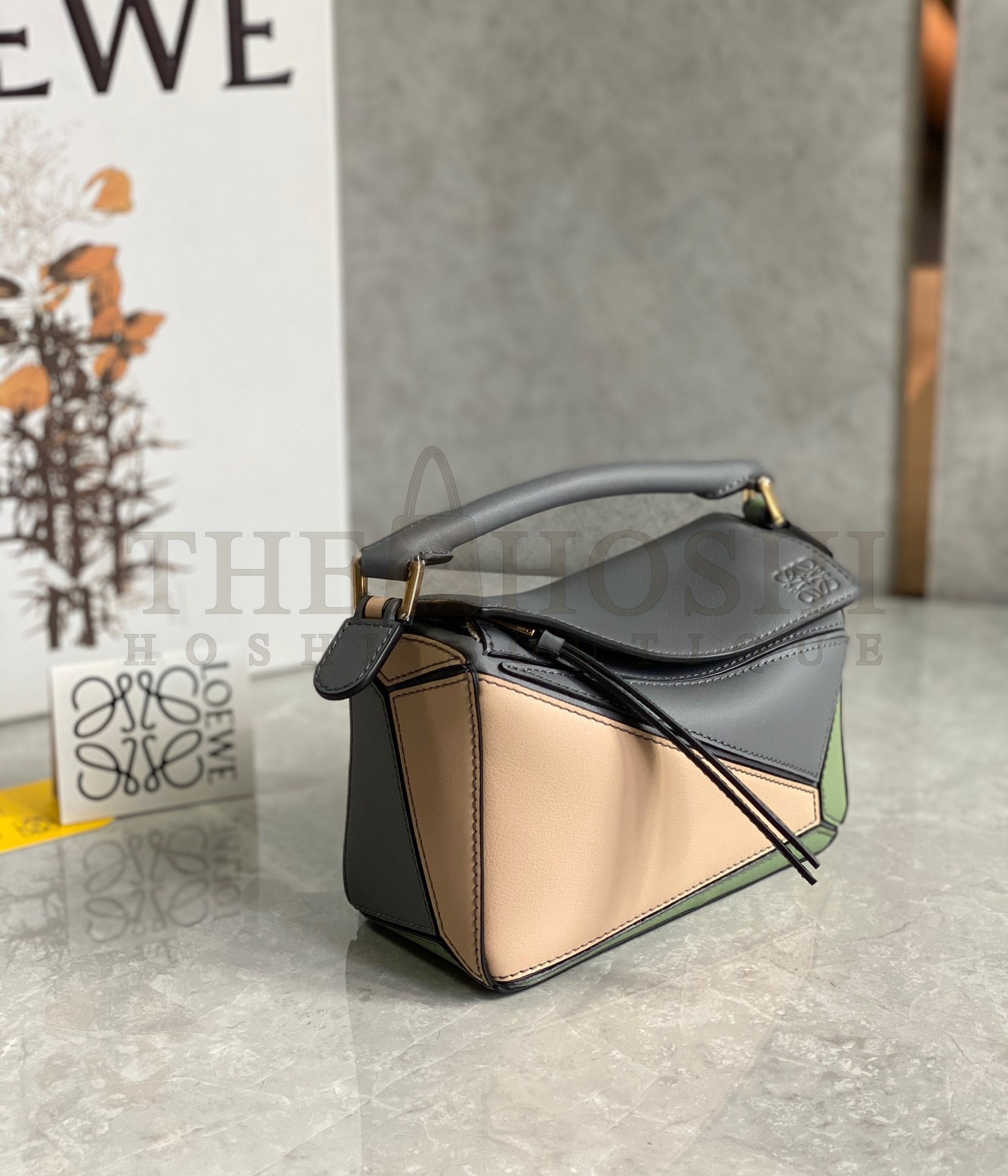 L0ew* Puzzle Mini Bag In Asphalt Grey/Nude/Green Calfskin Master Quality