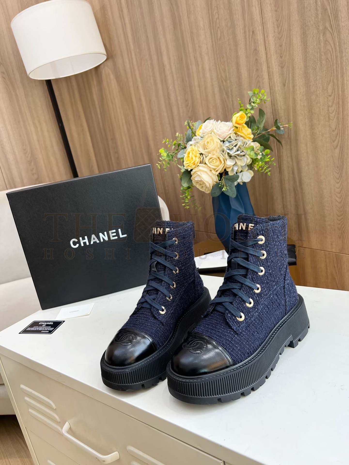 Ch**el Shiny Lambskin Quilted Lace Up Combat Boots Master Quality