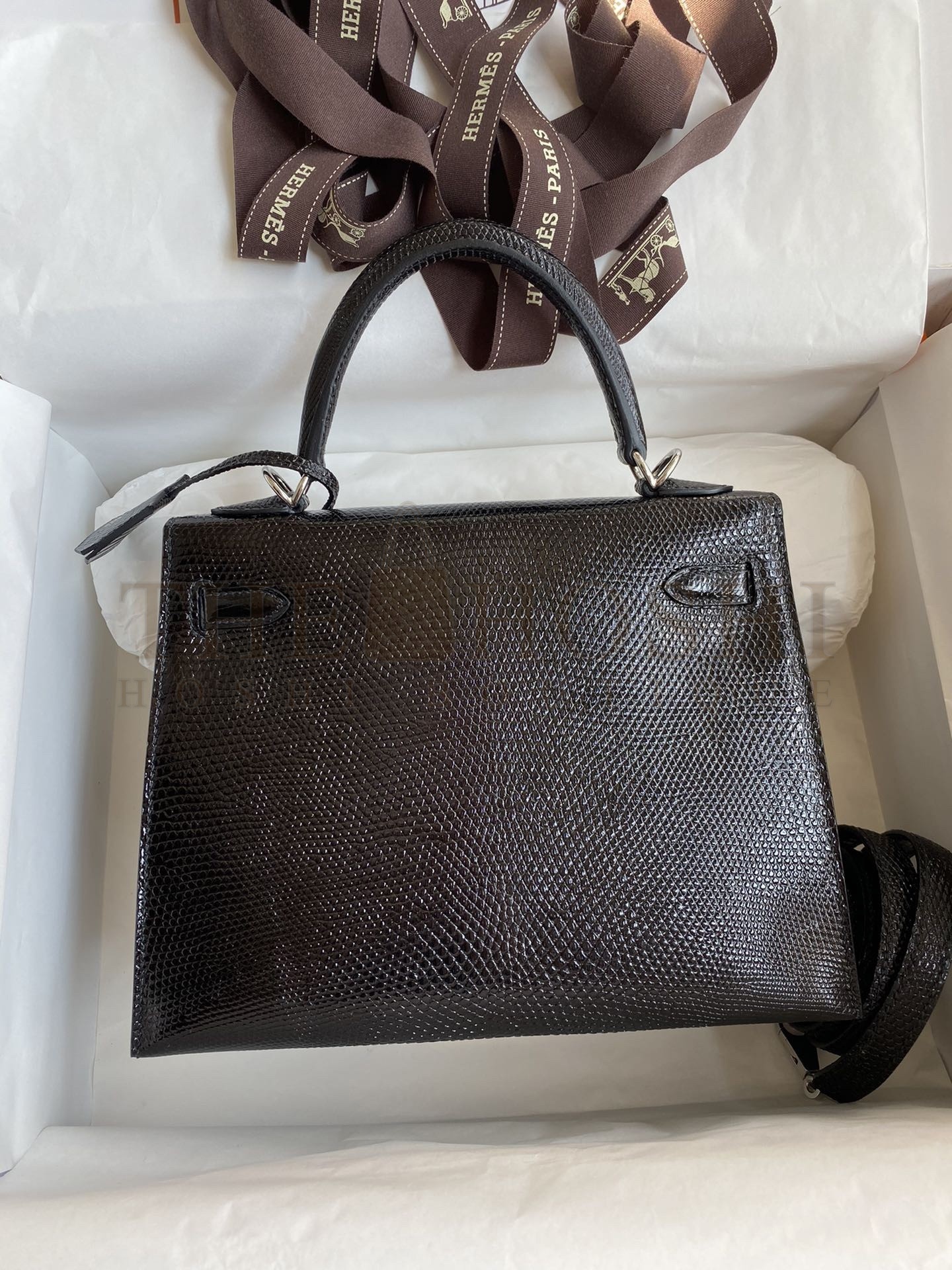H**me5 Kelly Sellier 25 Handmade Bag In Black Lizard Leather Master Quality