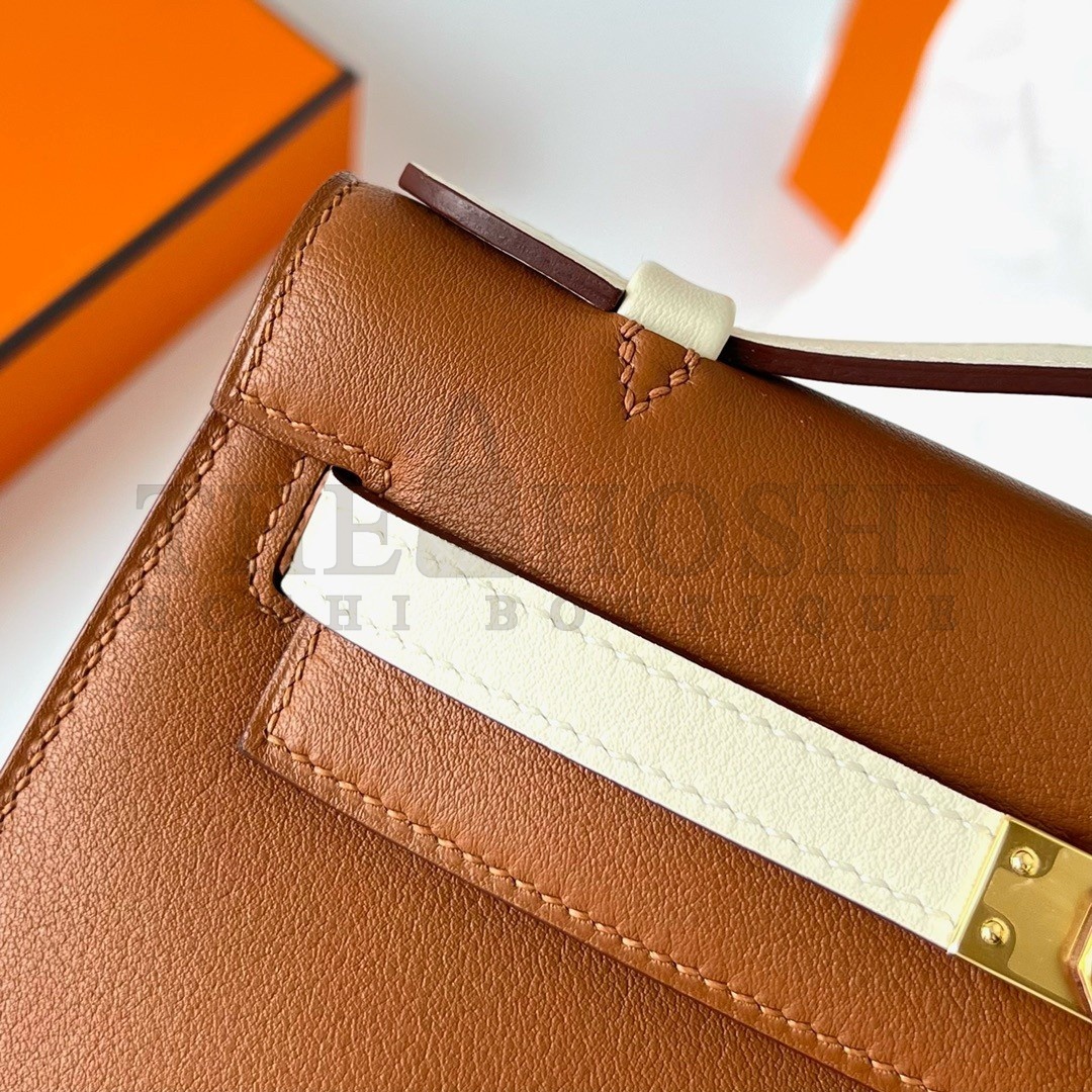 H**me5 HSS Kelly Pochette Bicolor Bag in Gold and Craie Swift Calfskin Master Quality