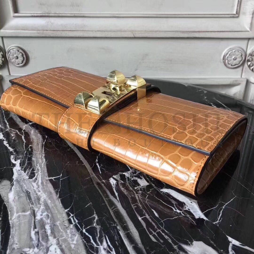 H**me5 Medor Clutch Bag In Camarel Crocodile Leather Master Quality