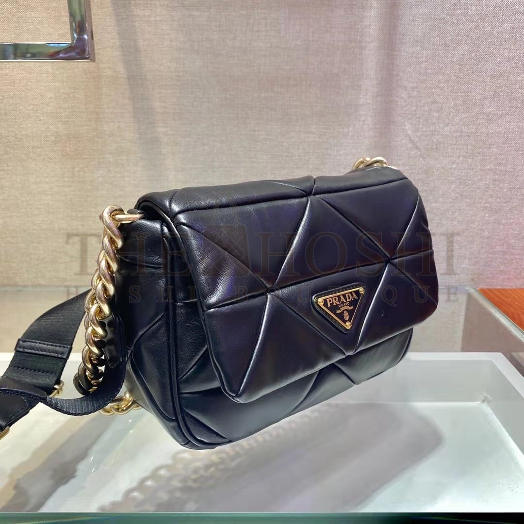Pra*a Women Padded Leather Shoulder Bag Triangle-Stitched Padding-Black Master Quality