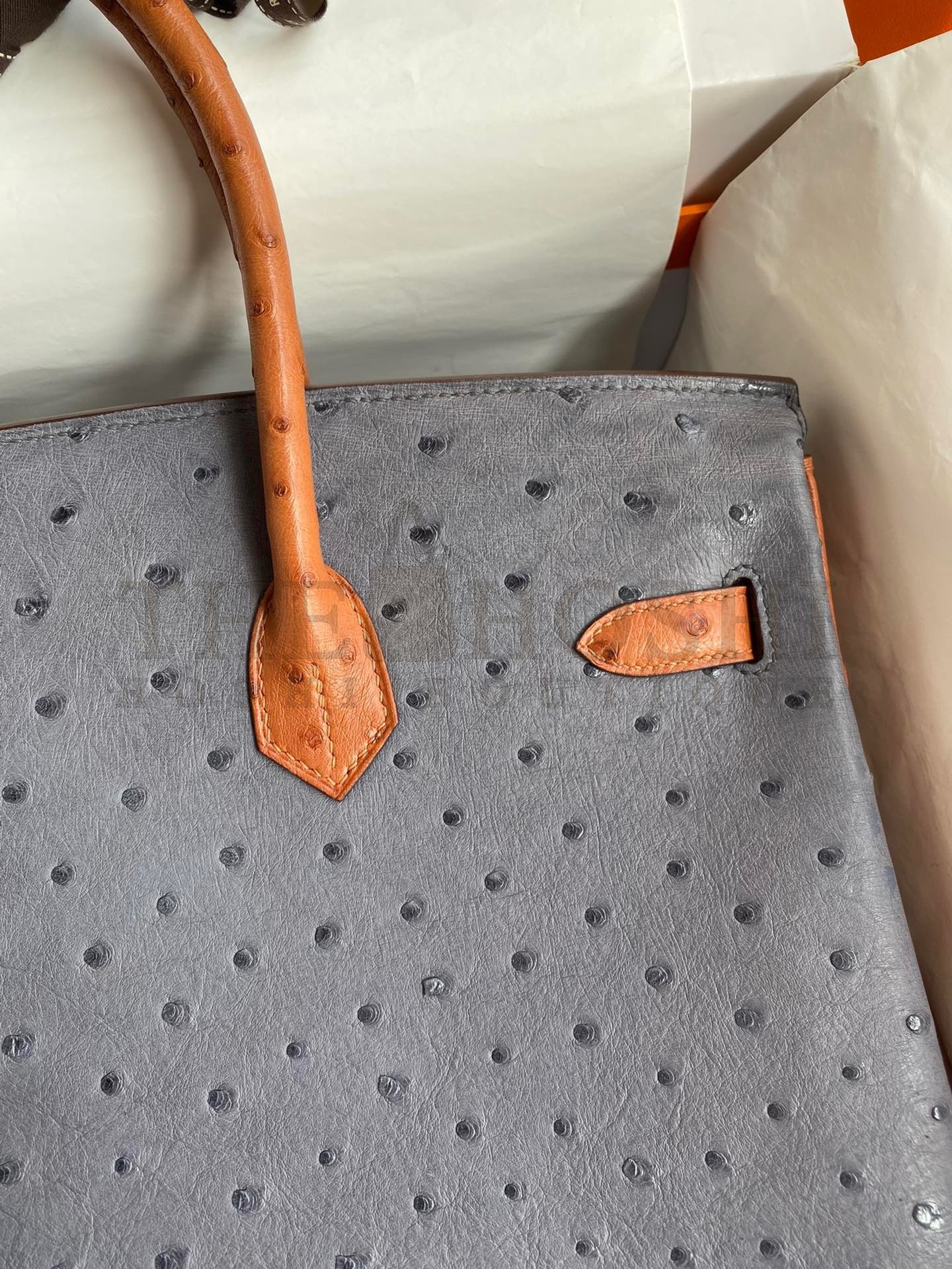 H**me5 HSS Birkin 35 Bicolor Bag in Gris Agate and Gold Ostrich Leather Master Quality