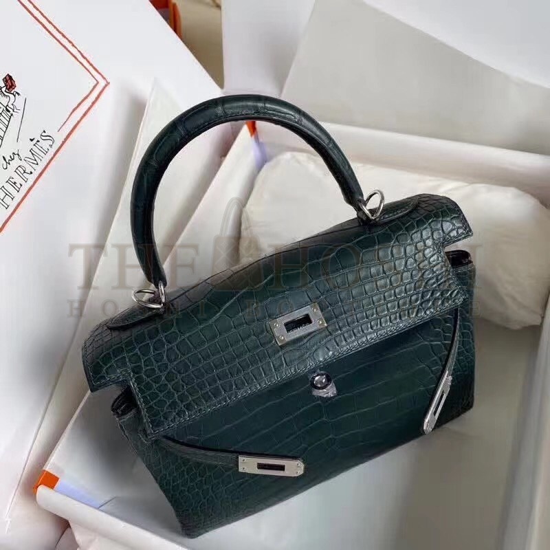 H**me5 Vert Cypres Kelly 28cm Matte Alligator Crocodile Skin Bag Master Quality