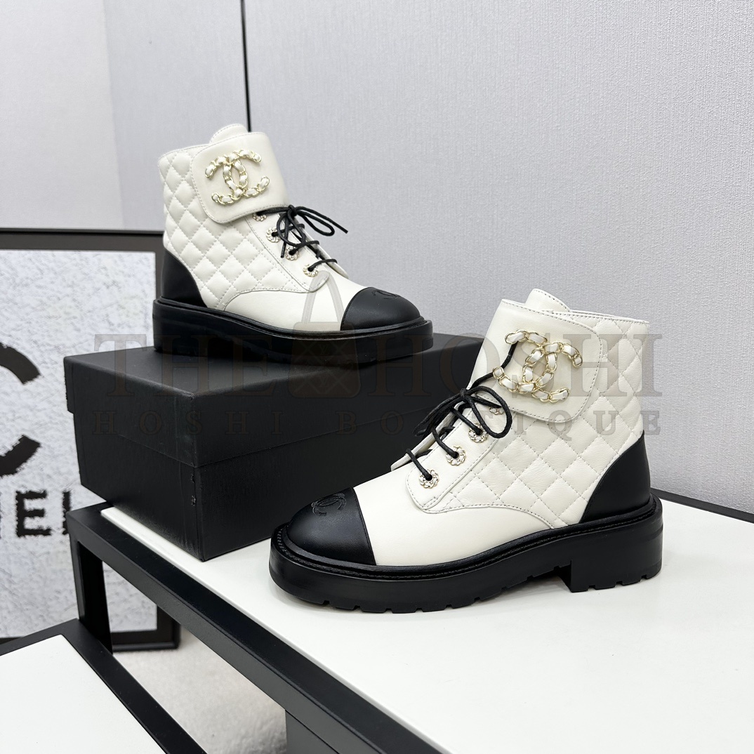 Ch**el Shiny Lambskin Quilted Lace Up Combat Boots Master Quality