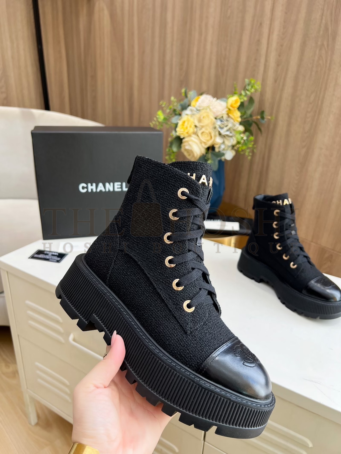 Ch**el Shiny Lambskin Quilted Lace Up Combat Boots Master Quality