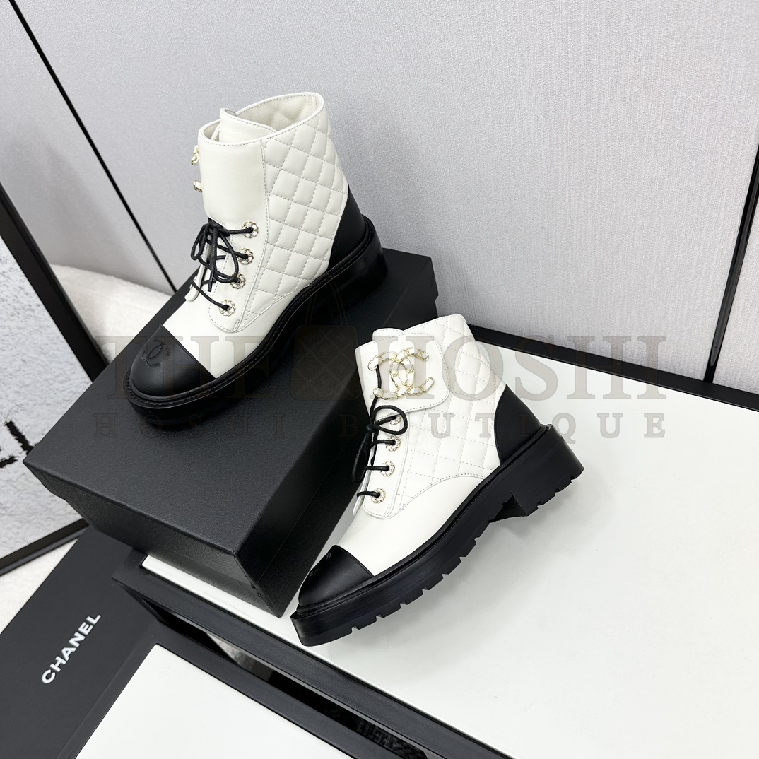 Ch**el Shiny Lambskin Quilted Lace Up Combat Boots Master Quality