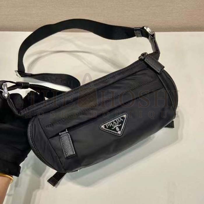 Pra*a Unisex Re-Nylon Saffiano Leather Shoulder Bag Black Fabric Master Quality