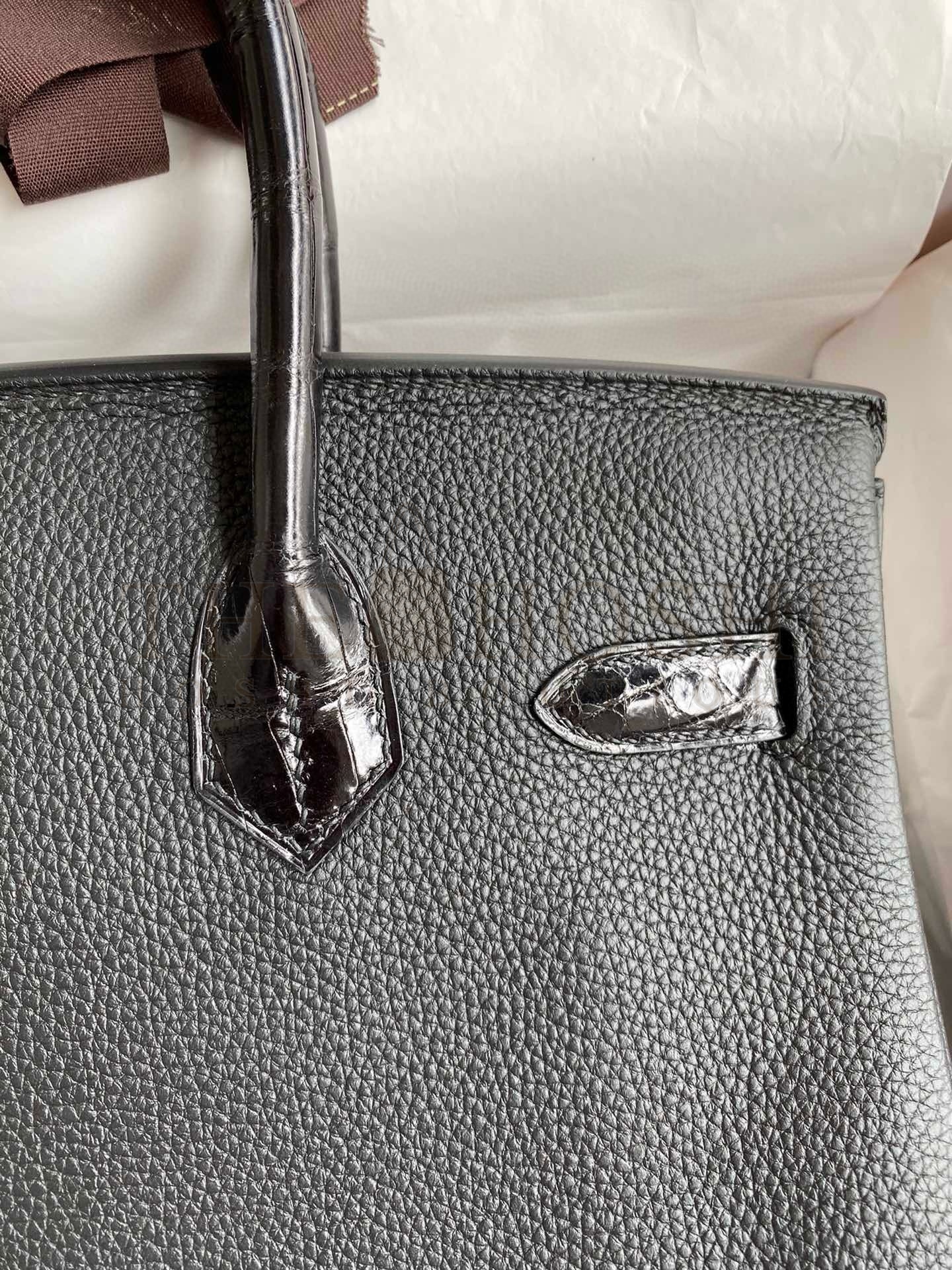 H**me5 Touch Birkin 30 Bag In Black Clemence and Shiny Niloticus Crocodile Skin Master Quality
